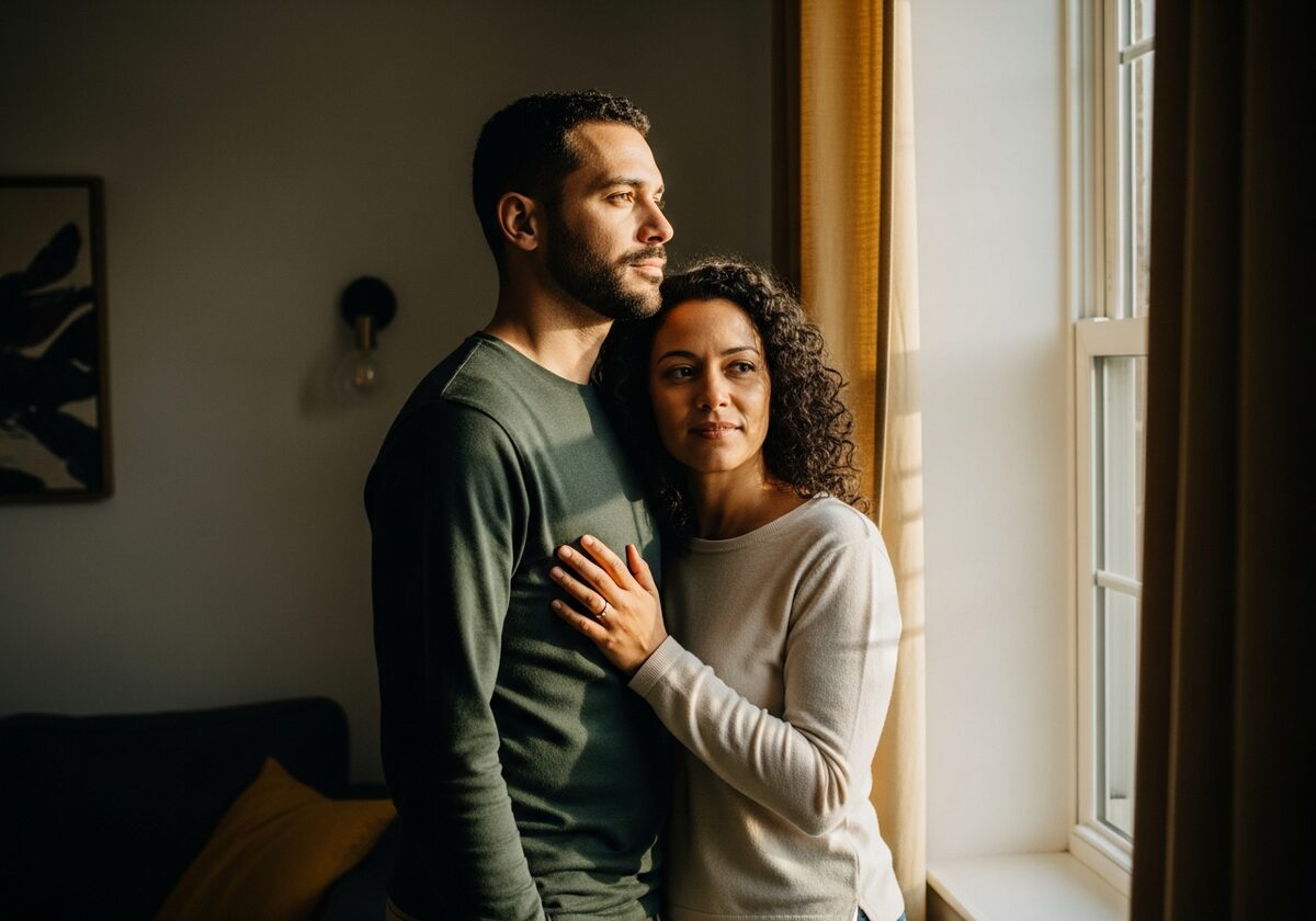 A hopeful man with his partner by a sunlit window