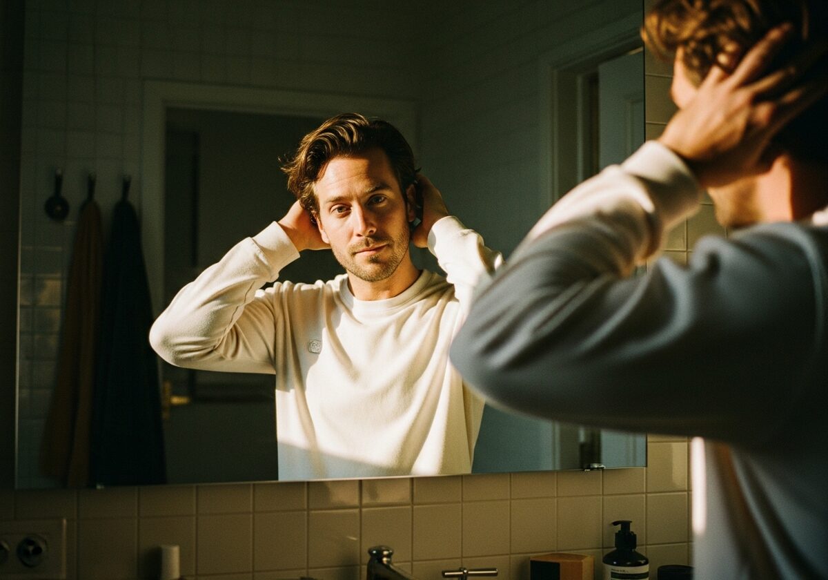 A man with healthy hair grooming confidently in warm light