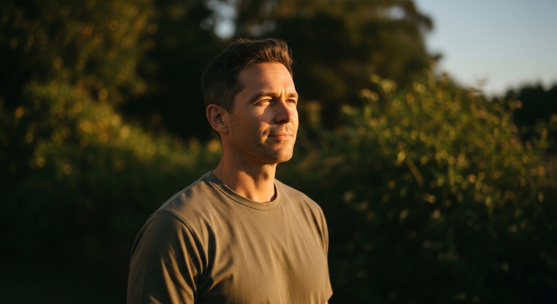 A healthy, energized man standing outdoors in warm morning light