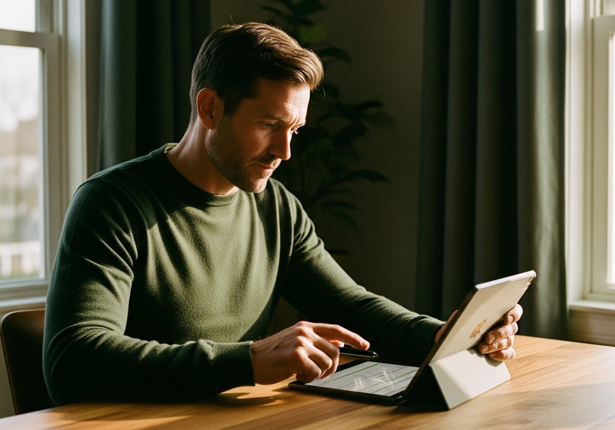 A man reviewing his health results on a tablet at home