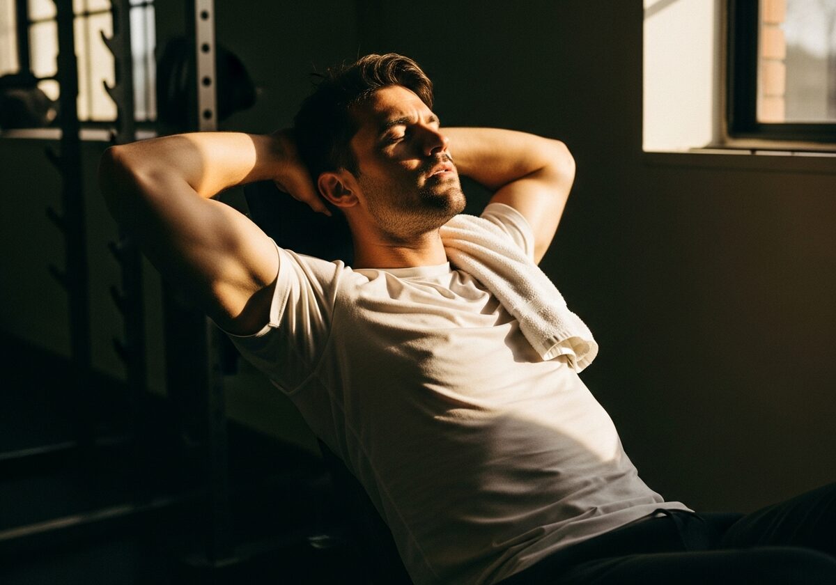 An athletic man resting after a workout in a sunlit gym