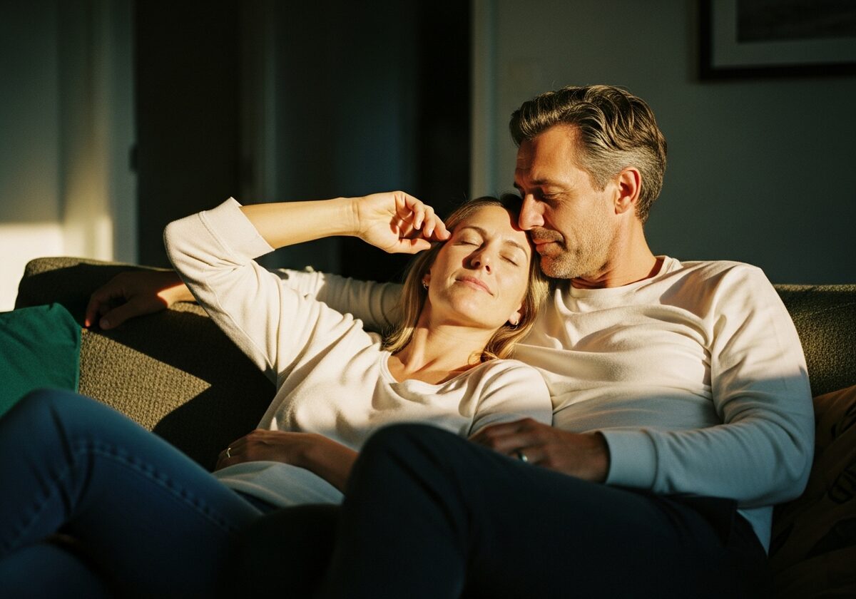 A relaxed couple sharing a warm moment together at home